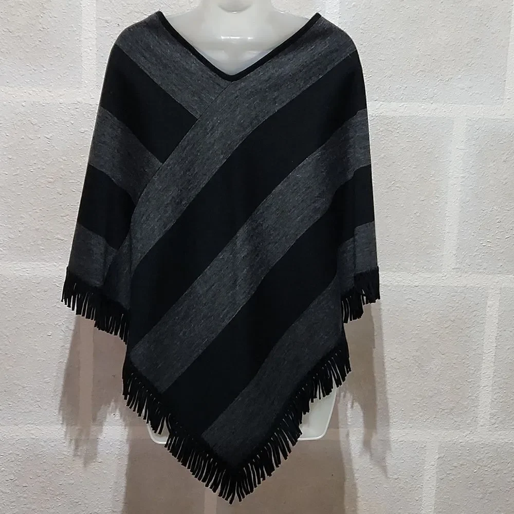 Kim Rodgers Black & Gray V-Neck Poncho Sweater